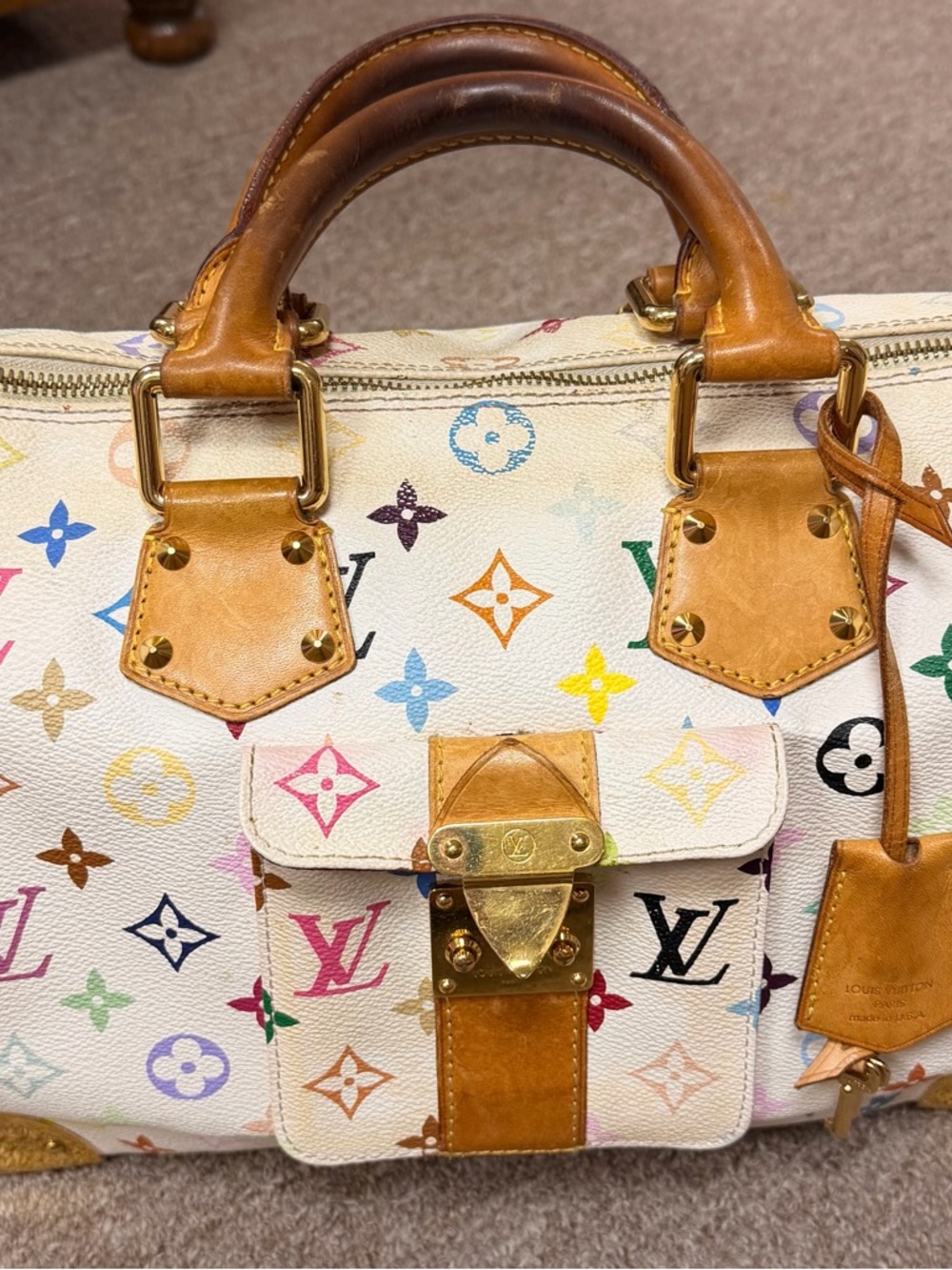 Louis Vuitton Multicolor Monogram Satchel in White Canvas with Tan Leather